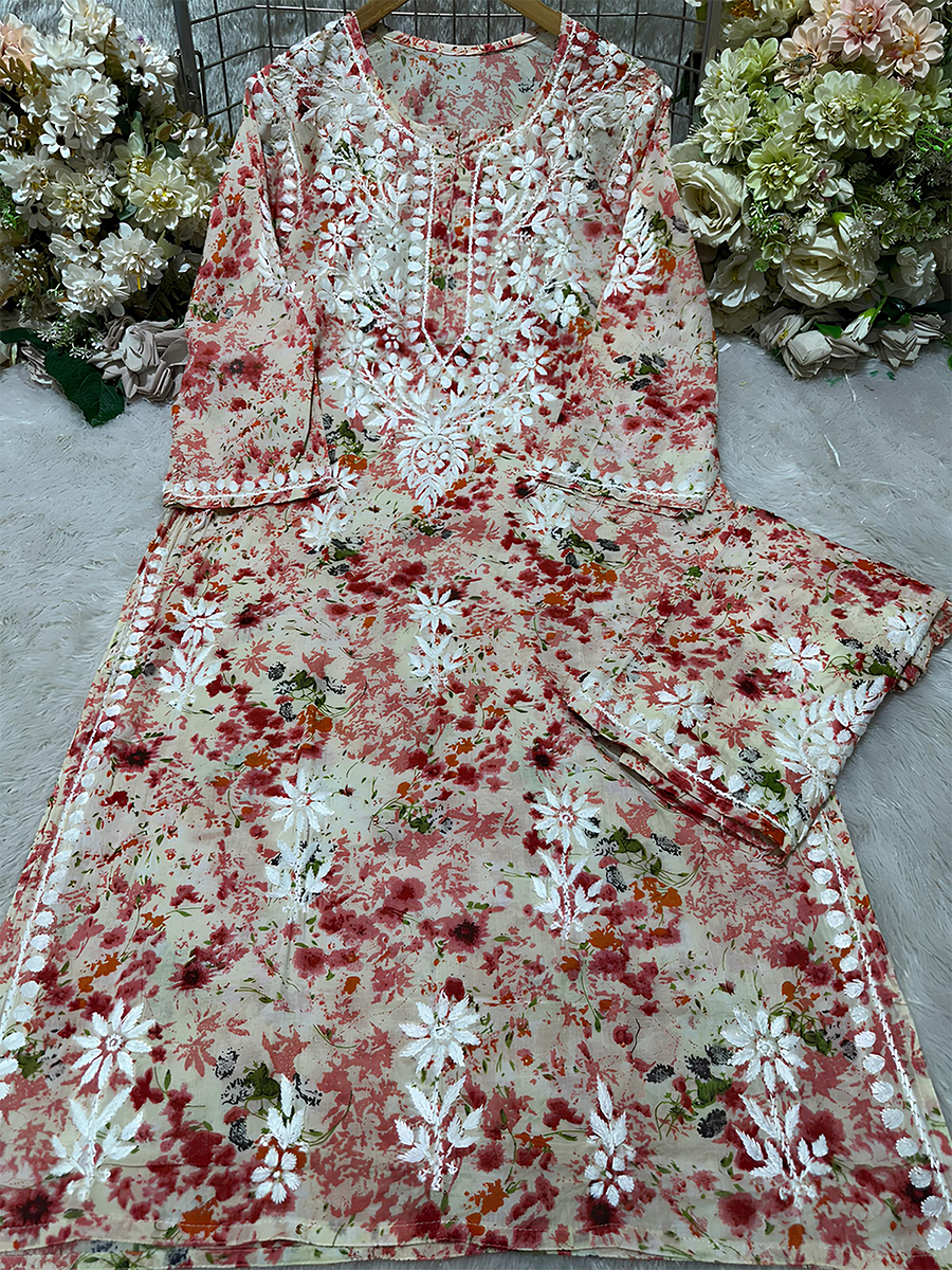 Beige-red printed kurti palazzo set with intricate white embroidery on neck and hem