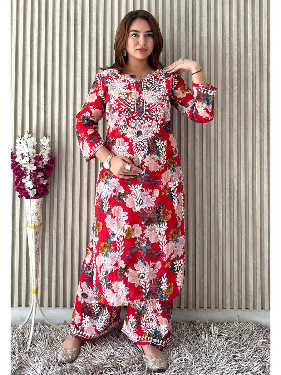 Big floral printed Chikankari co-ord set