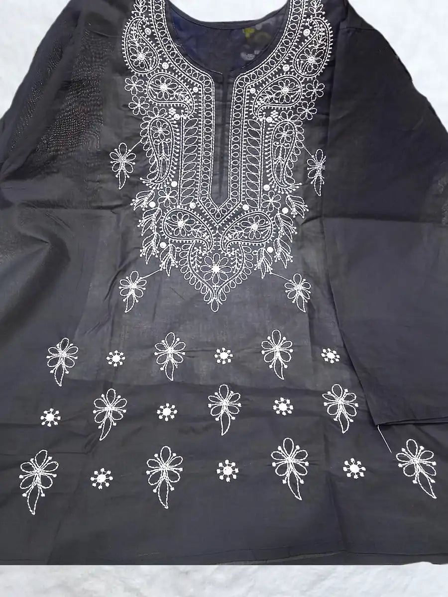 Black Rubiya Cotton short top with white neck and booti computer embroidery using Anchor thread