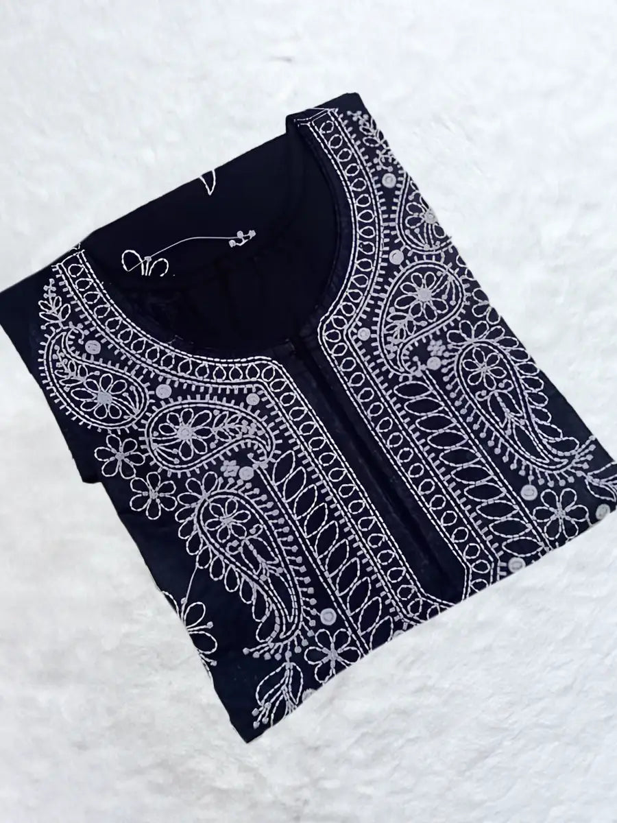 Black Rubiya Cotton short top with white neck and booti computer embroidery using Anchor thread (DC)