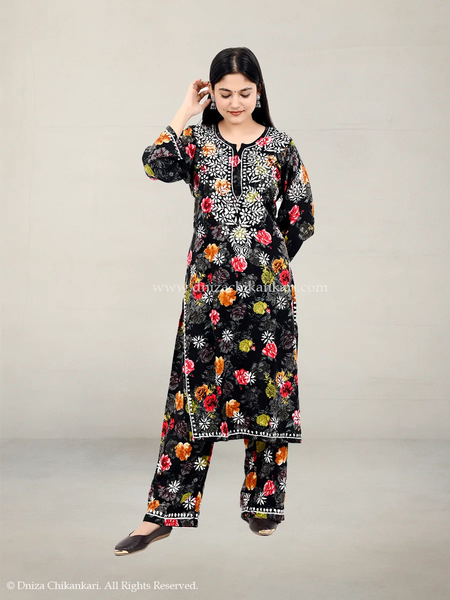 Black rayon floral embroidered chikankari plazo set with 44-inch kurti – Dniza Chikankari