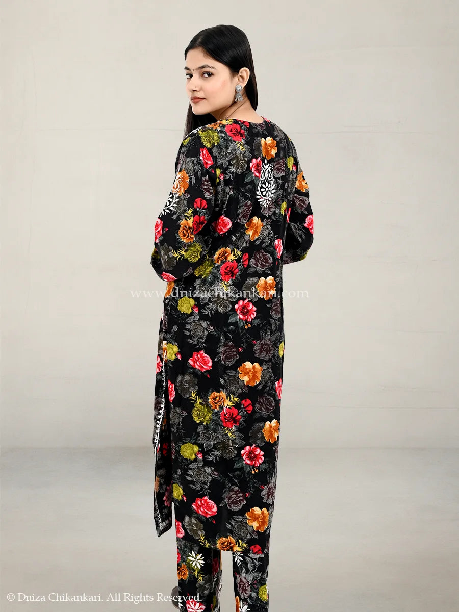 Black soft rayon floral embroidered chikankari plazo set with 44-inch kurti – Dniza Chikankari