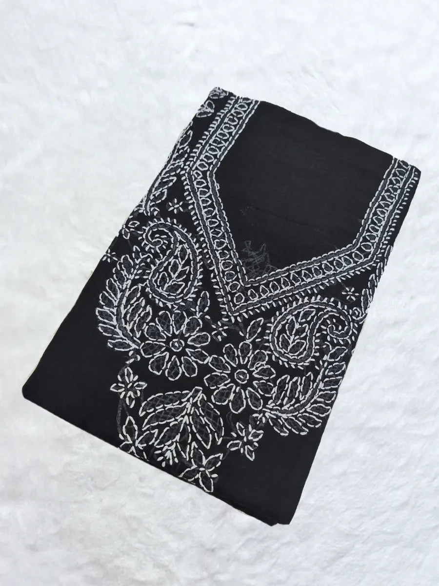 Black voile cotton dress material with white shadow and fanda embroidery, unstitched fabric set.