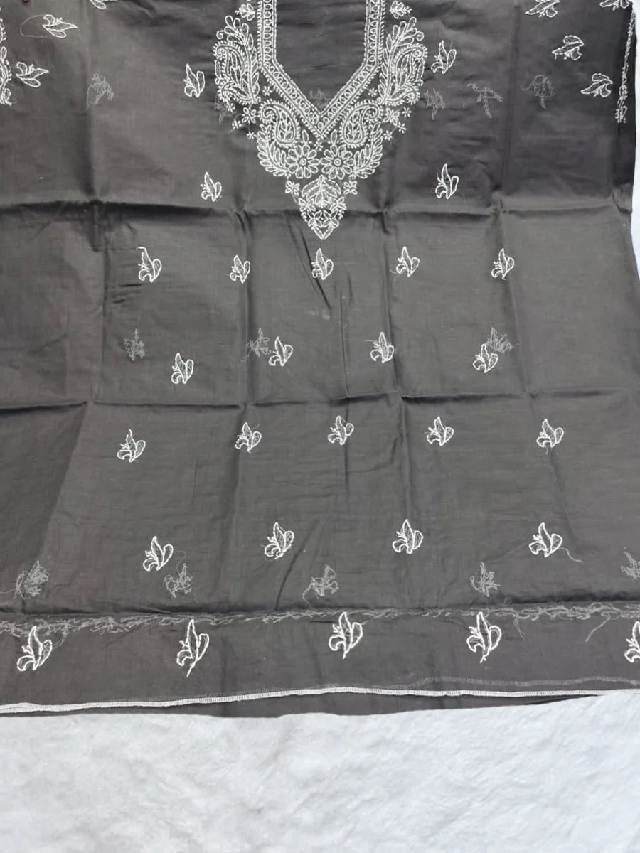 Black voile cotton dress material with white shadow and fanda embroidery, unstitched fabric set (Dniza Chikankari)