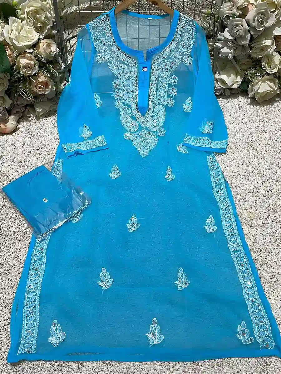 Blue Mirror Work Kurti in Georgette with Matching Inner
