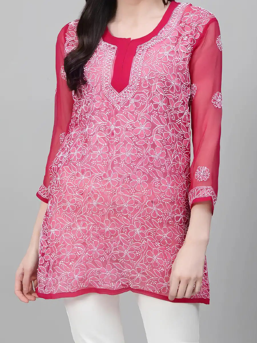 Blush pink georgette short kurti with white floral Chikankari embroidery and matching inner