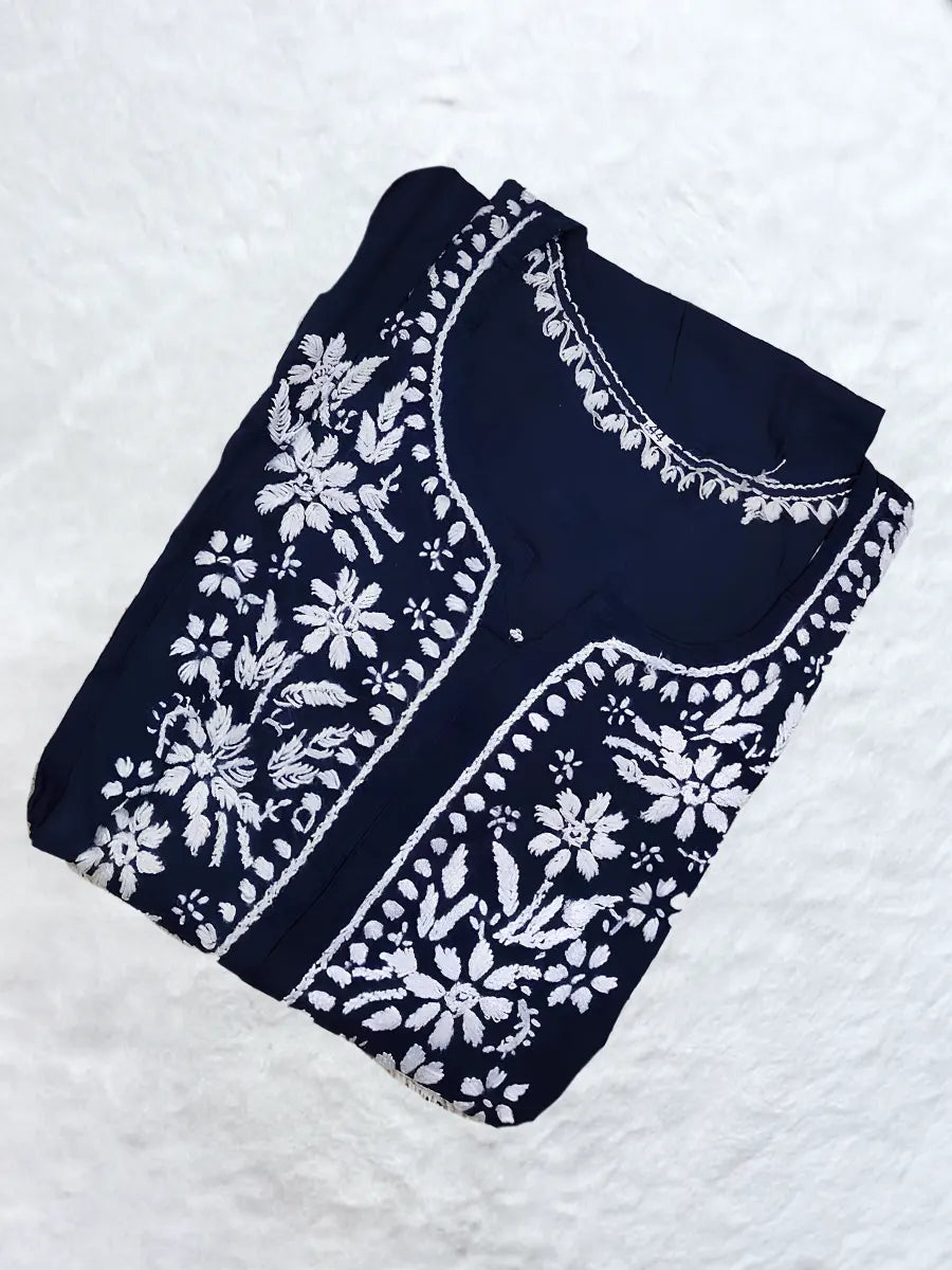 Classic navy blue chikankari kurti with white floral hand embroidery on front panel