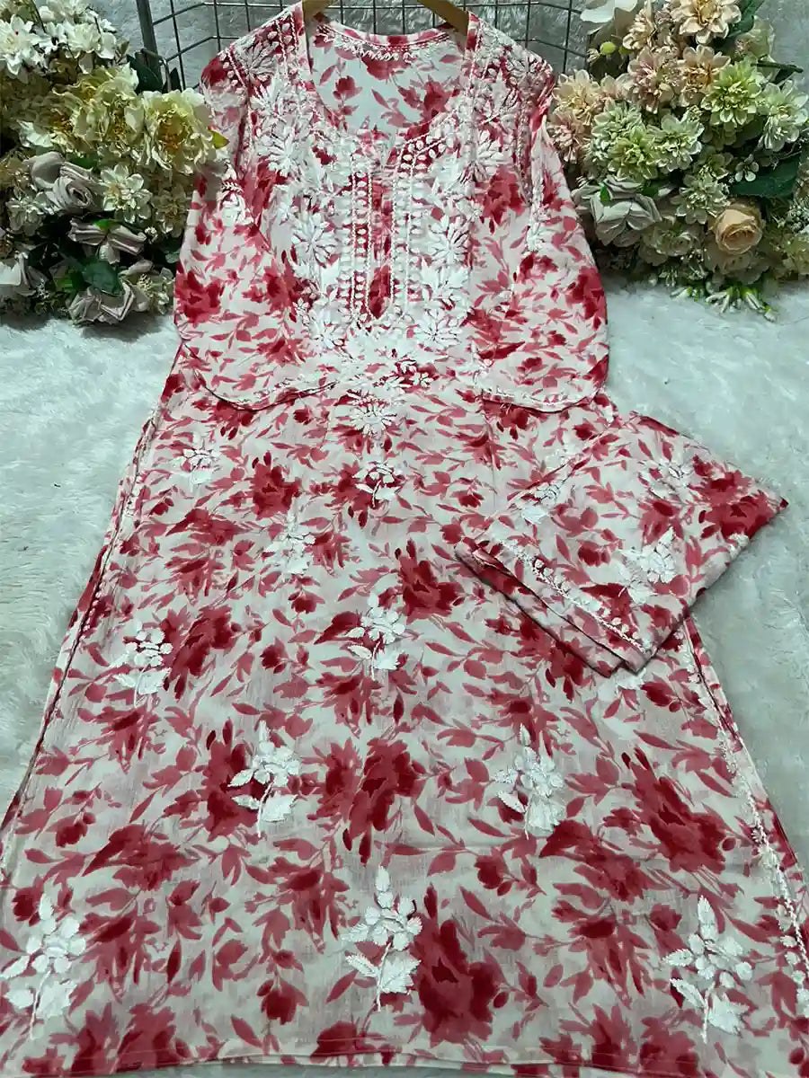 Crimson Petal Red – White base with rich red floral print and white embroidery