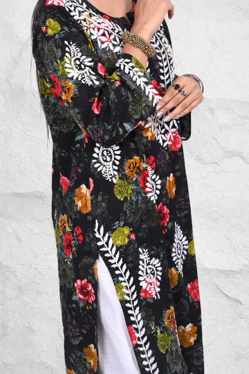 DNIZA Designer Black Floral Printed Rayon Kurta for Women