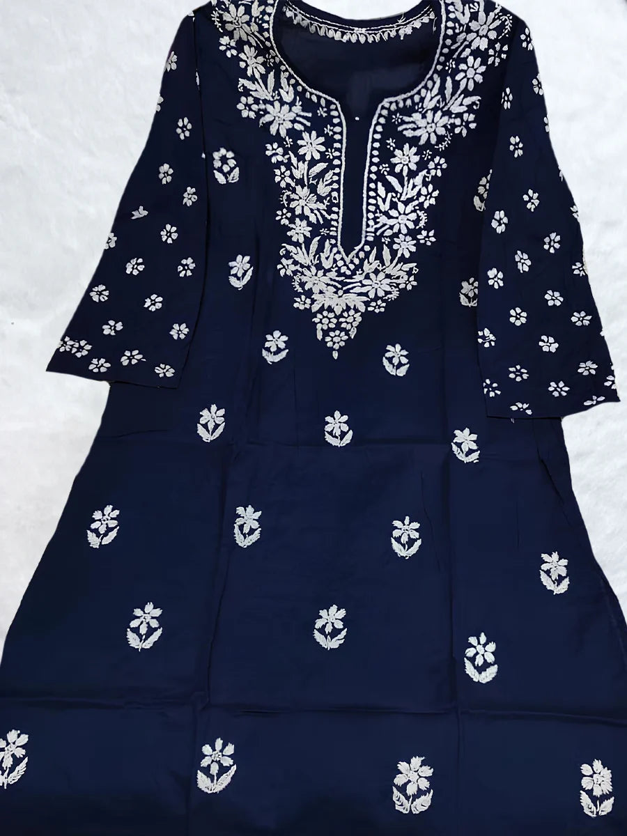 Dark blue cotton kurti with handcrafted white thread work on chest and sleeves