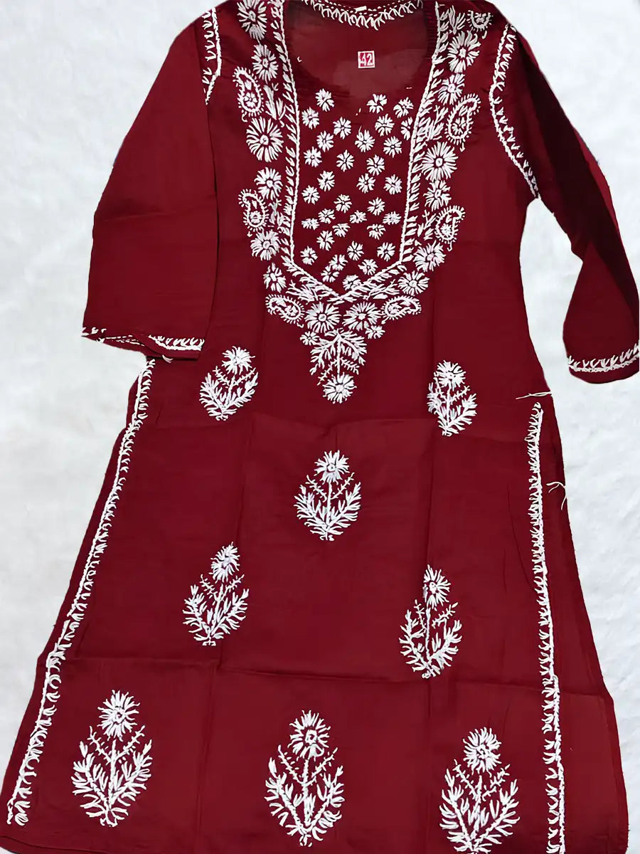 Deep maroon cotton kurti with intricate white chikankari embroidery for ethnic charm