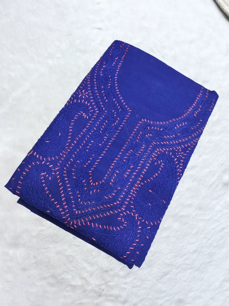 Deep royal blue dress material with rich white embroidery, ideal for festive ethnic wear.