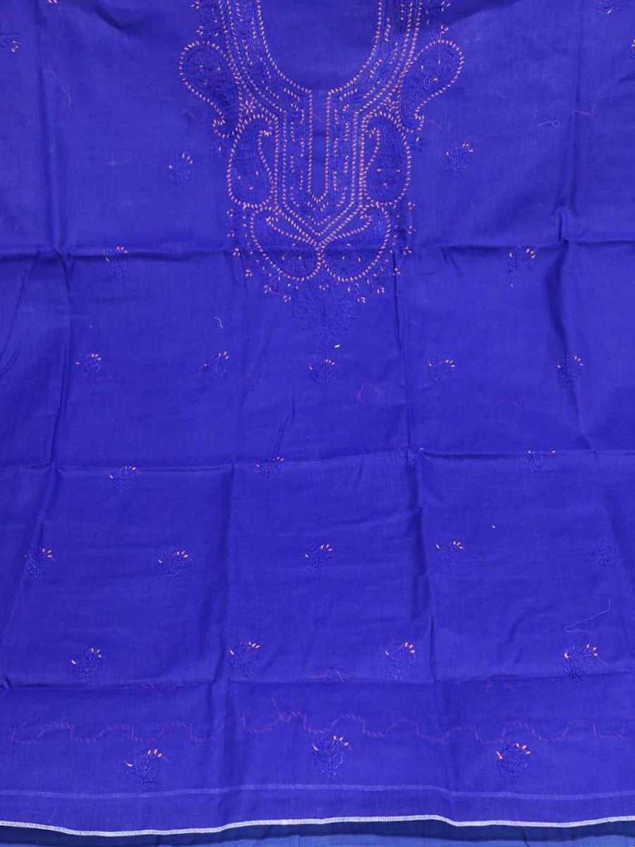 Deep royal blue dress material with rich white embroidery, ideal for festive ethnic wear(Dniza Chikanakari)