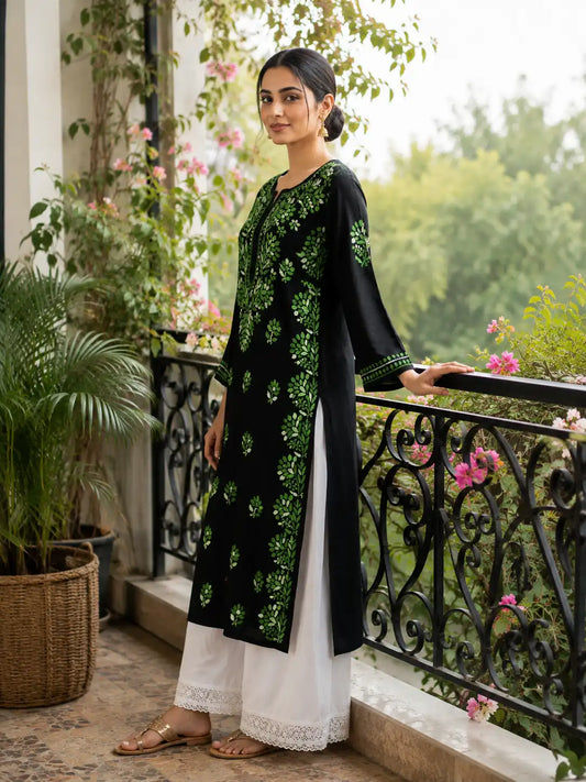 Dniza Chikankari Black Green Embroidered Modal Kurti