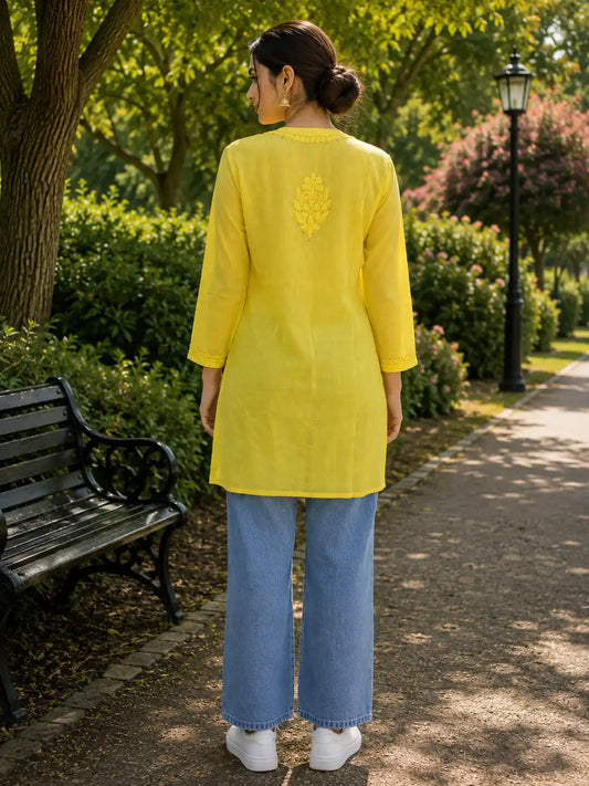 Dniza Chikankari Yellow Cotton Short Kurti with Mukesh Work