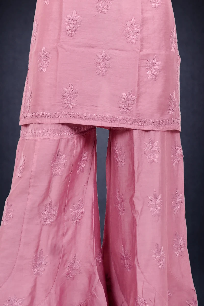 Dniza Dusty Rose Pink Hand Embroidered Chanderi Chikankari Set