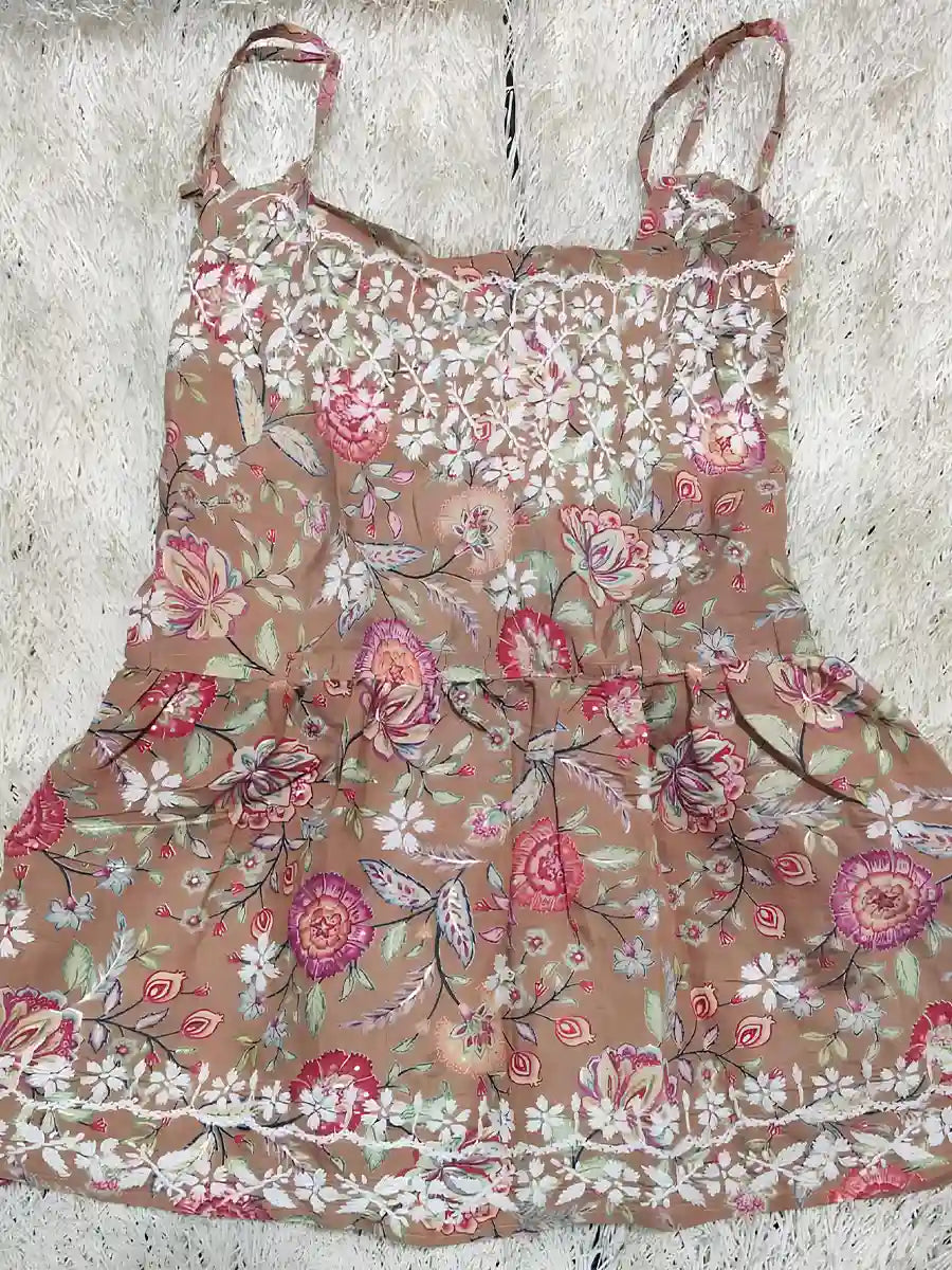 Dusty rose beige spaghetti strap crop top with floral digital print and white 3D ghaspatti embroidery on masleen cotton fabric