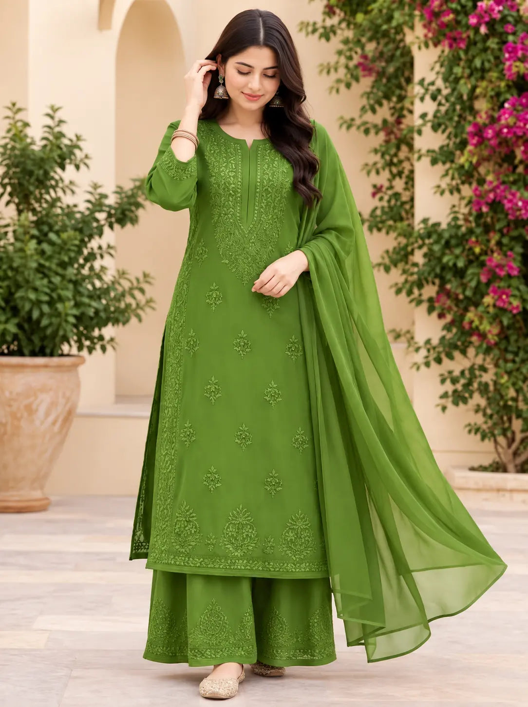 Rayon Chikankari Embroidered Kurta Palazzo Set with Dupatta