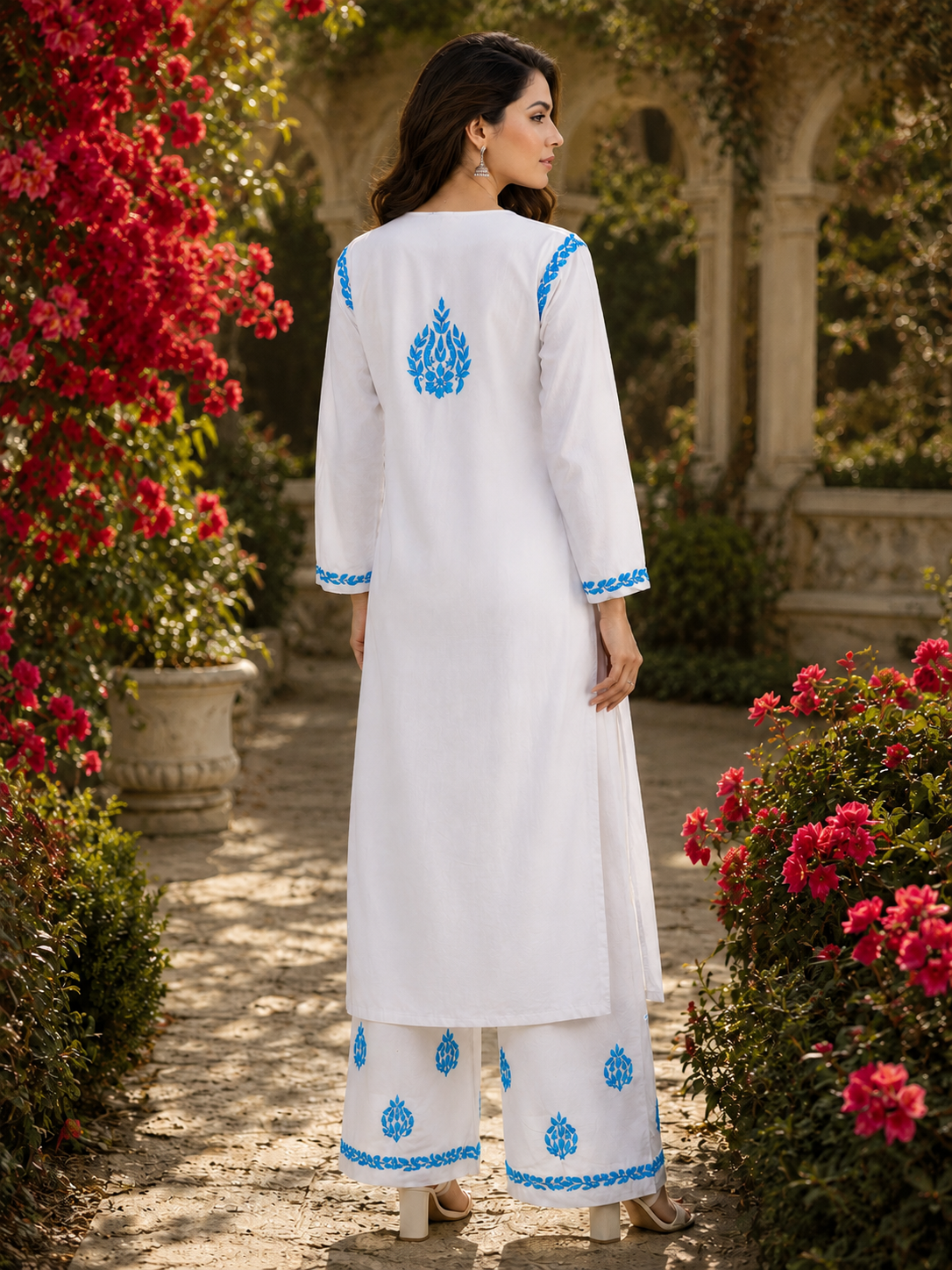 Elegant White Soft Rayon Ethnic Kurta Palazzo Set for Women with Blue Embroidery