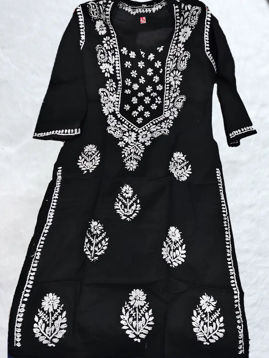 Elegant black cotton kurti with intricate white chikankari embroidery on neckline and sleeves