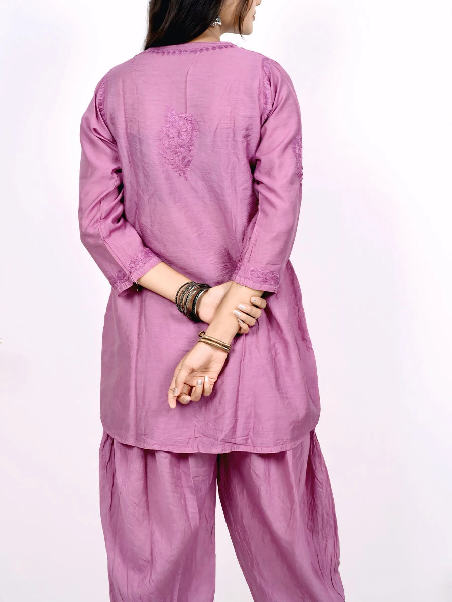 Elegant hand-embroidered Chanderi dhoti and kurta set with dupatta, perfect for weddings and celebrations