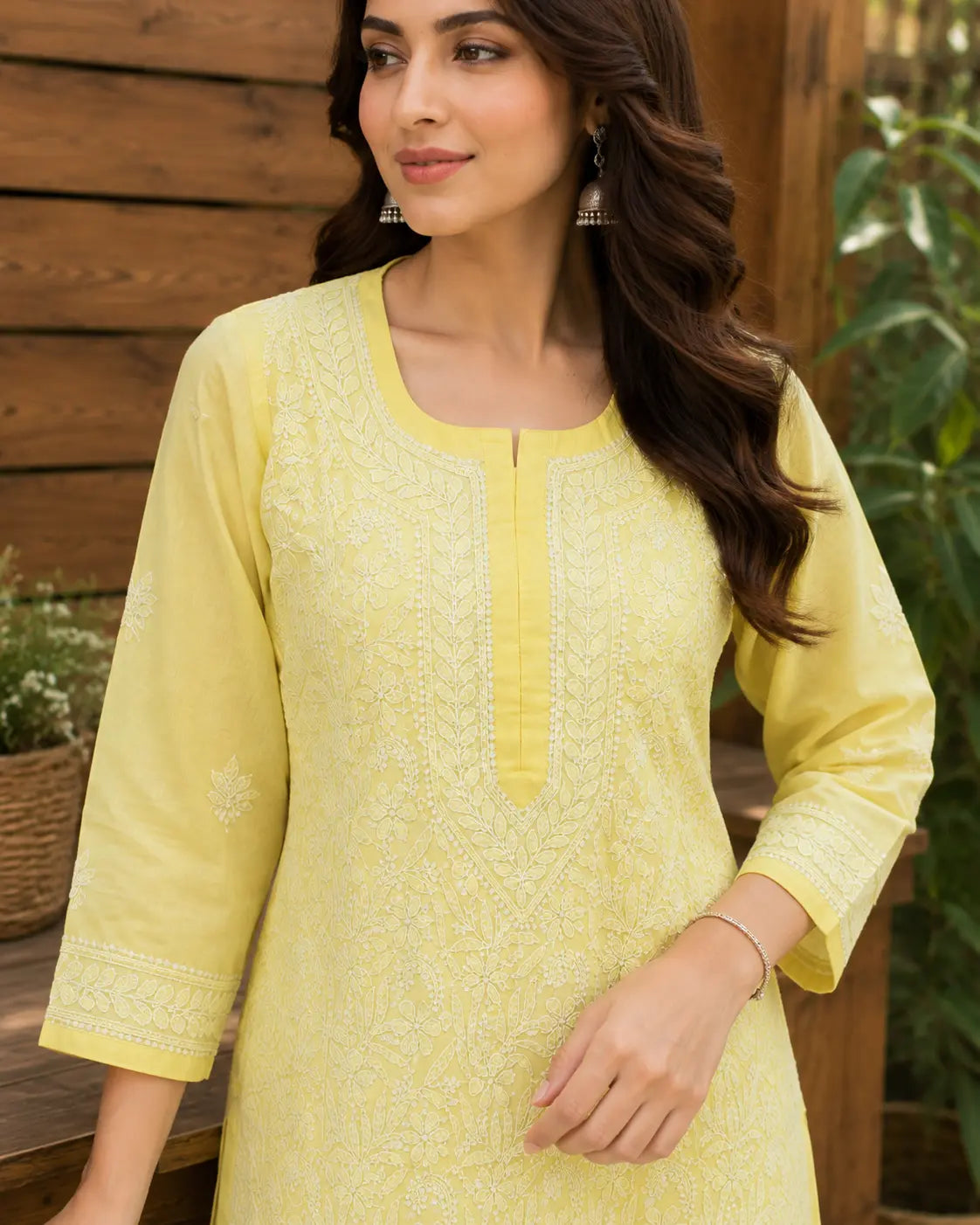 Elegant light yellow Lucknowi Chikankari kurti by Dniza Chikankari