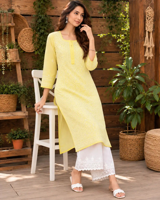 Elegant light yellow Lucknowi Chikankari kurti by Dniza Chikankari