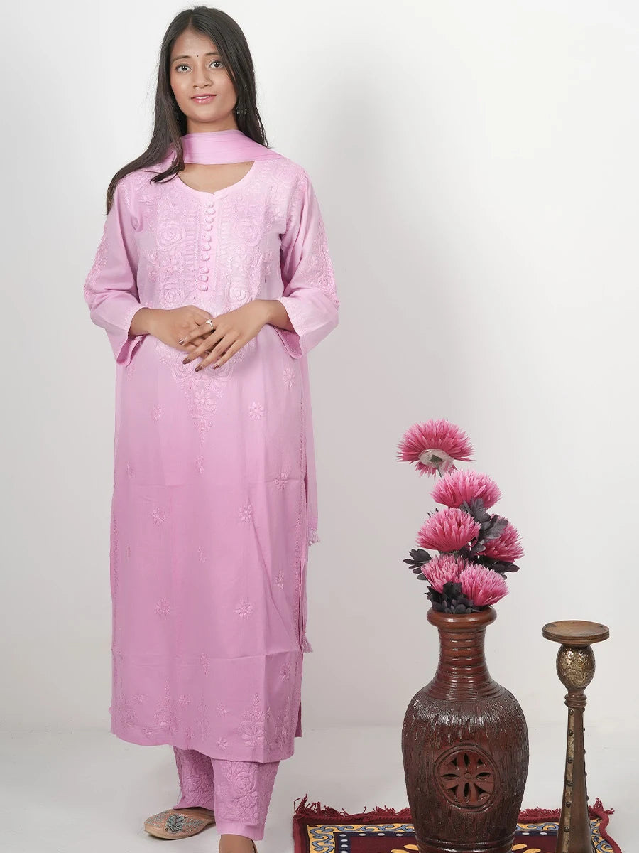 Elegant pink Chikankari 3-piece set including kurta, pant, and dupatta in soft, breathable fabric