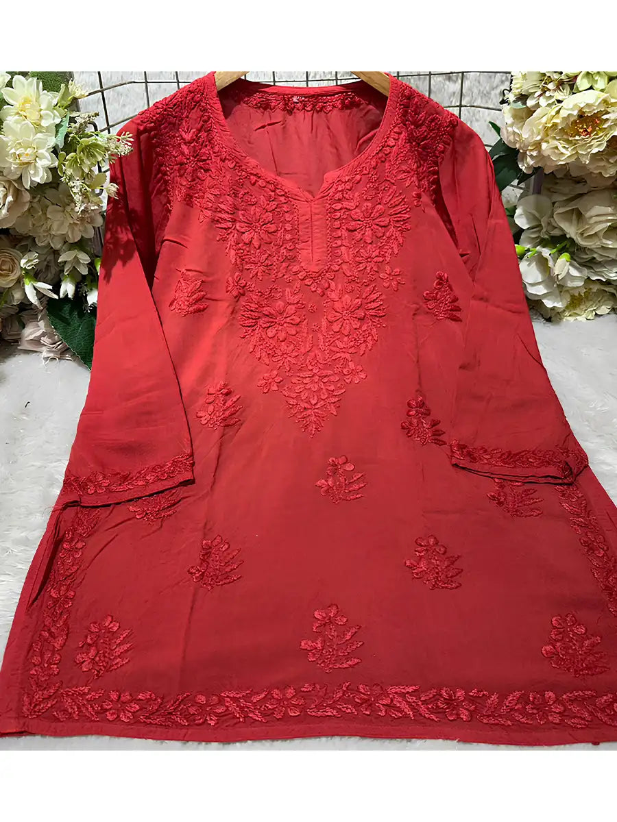 Elegant red rayon short kurti with floral tone-on-tone embroidery and 3/4 sleeves.