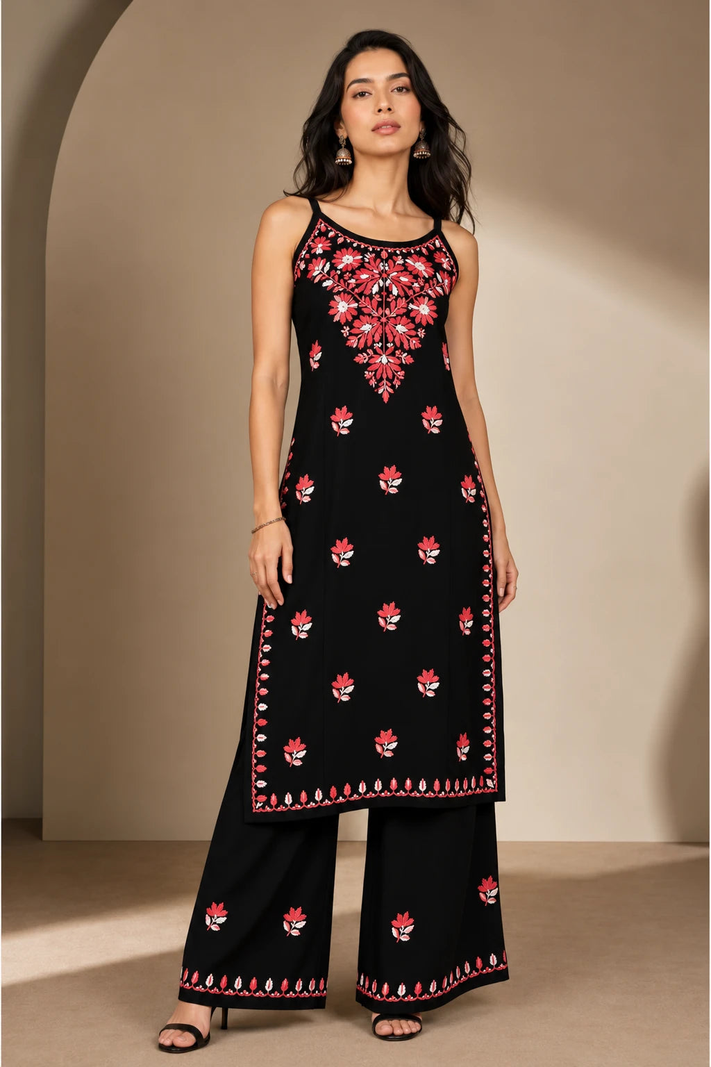 Noor Floral Embroidered Sleeveless Rayon Kurti Palazzo Set