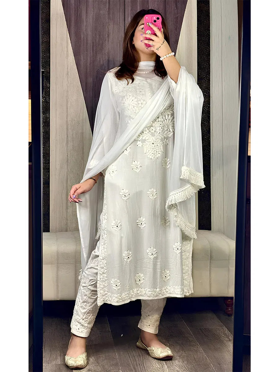 Front view of 3-piece rayon kurti set with Mukesh work – elegant ethnic wear