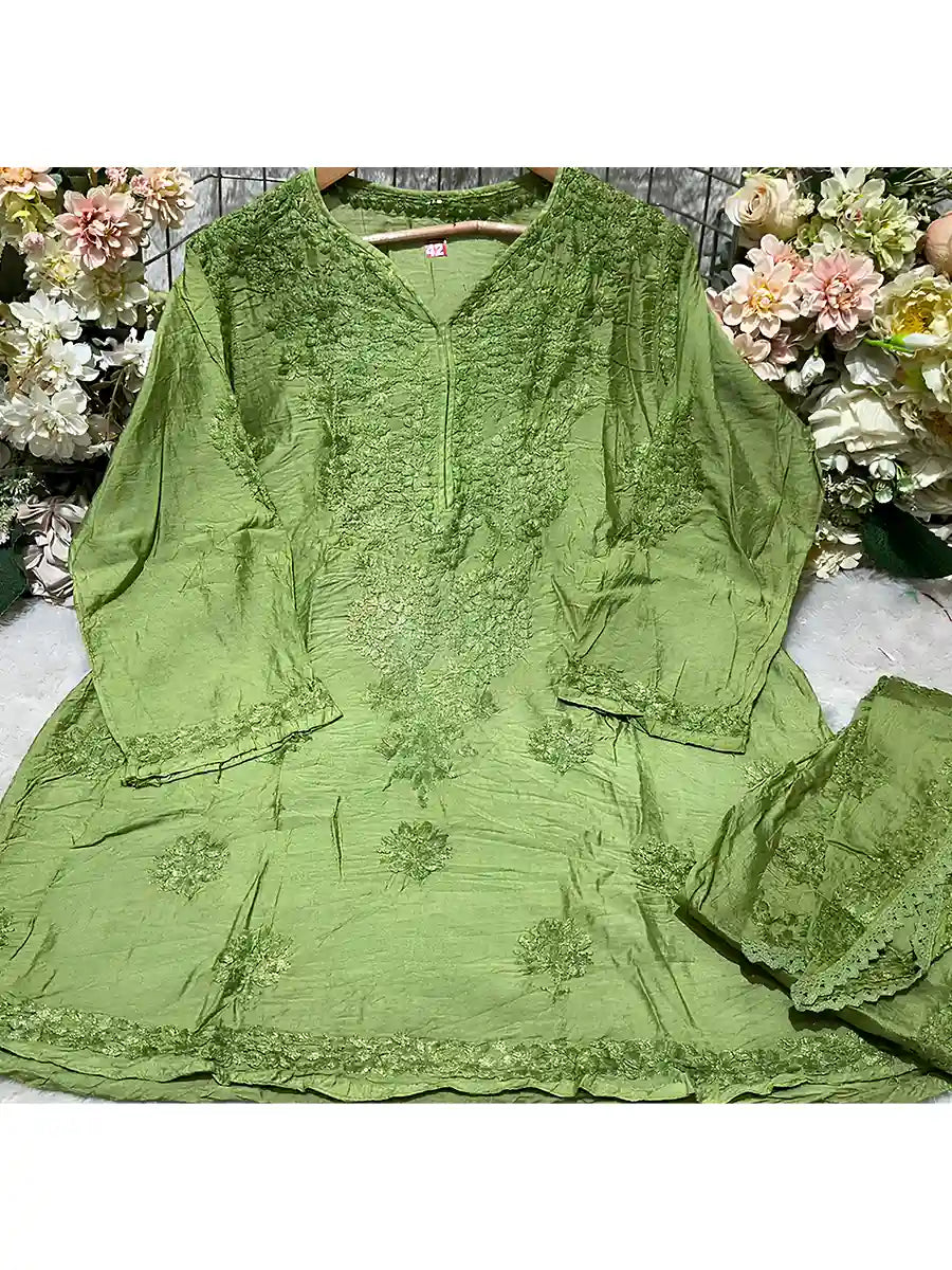 Graceweave Chanderi Kurti and Dhoti Ensemble Featuring Tone-on-Tone Embroidery and Subtle Sheen