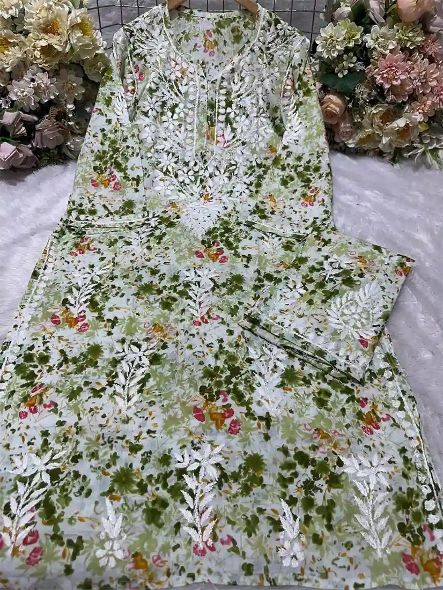 Green Floral Printed Mulmul Cotton Chikankari Palazzo Set – Lightweight & Breathable