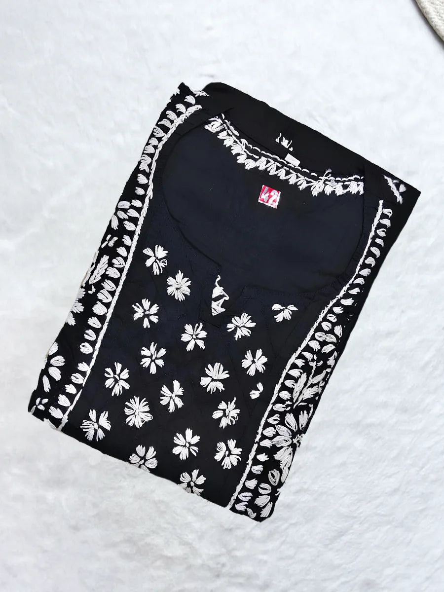 Hand-embroidered black chikankari kurti with gala booti design in white thread