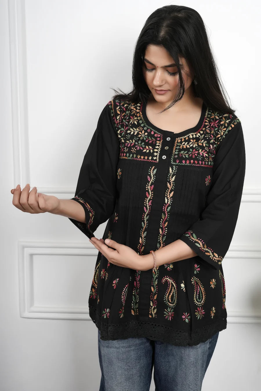 Classic black Chikankari short kurti with Lucknowi embroidery details