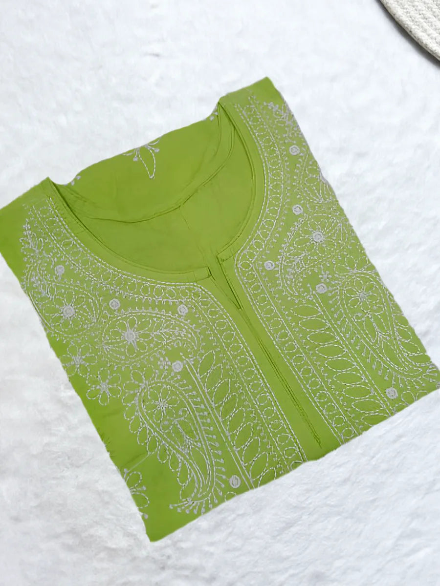 Leaf green Rubiya Cotton short top featuring elegant white booti and neck embroidery with Anchor thread