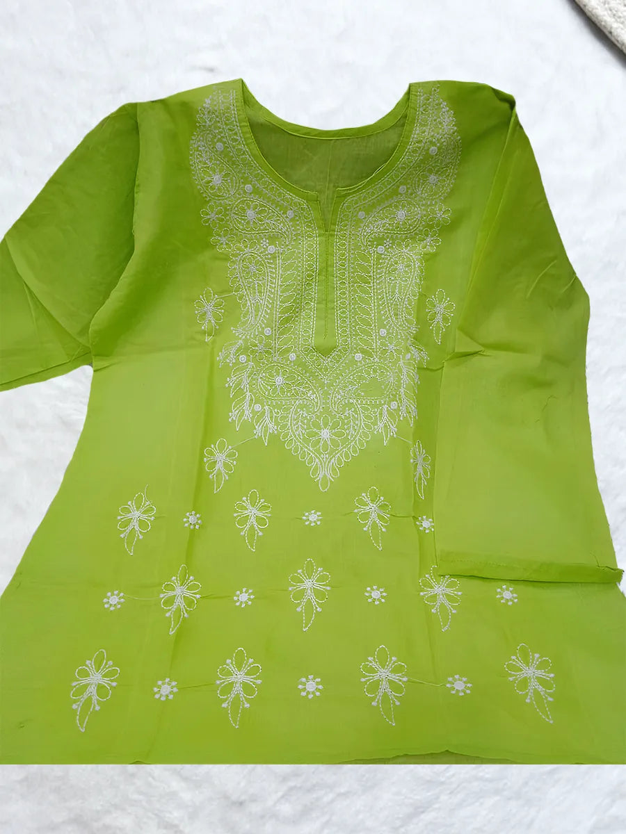Leaf green Rubiya Cotton short top featuring elegant white booti and neck embroidery with Anchor thread(DC)