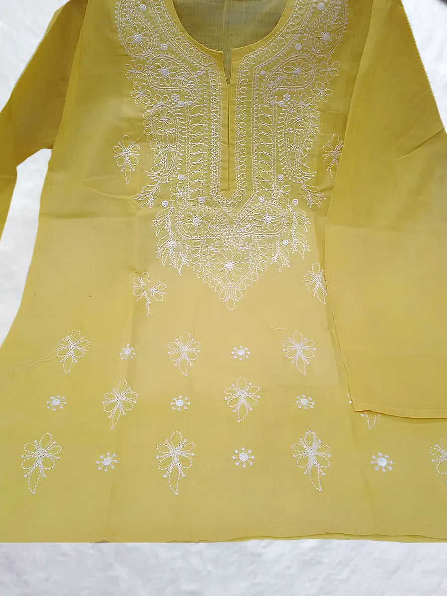 Lemon yellow short kurti in Rubiya Cotton with bright white computer embroidery on neckline and front panel