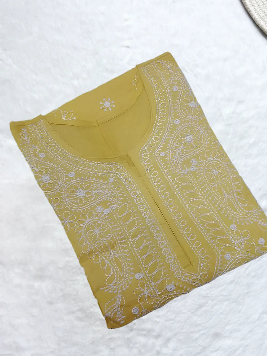 Lemon yellow short kurti in Rubiya Cotton with bright white computer embroidery on neckline and front panel(DC)