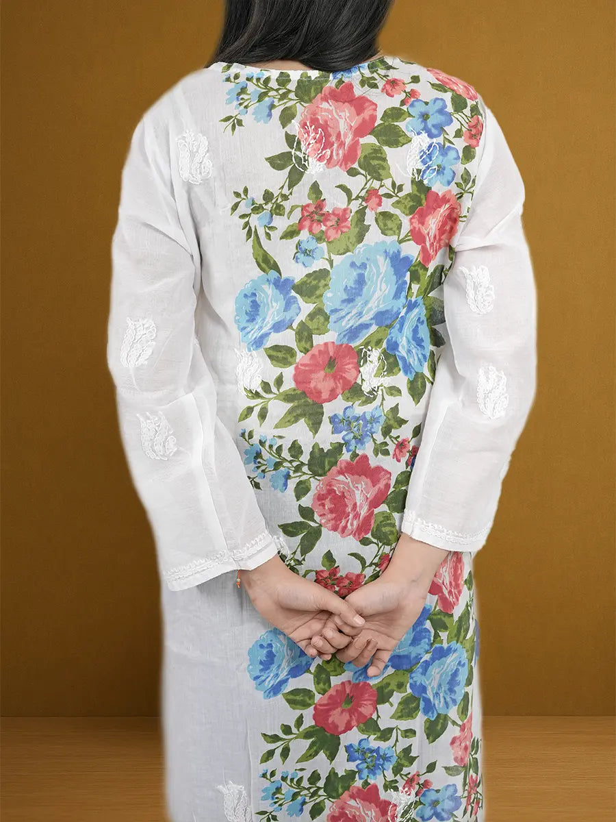 Ethnic printed kurta with Lucknowi Chikankari detailing, designed for effortless festive charm