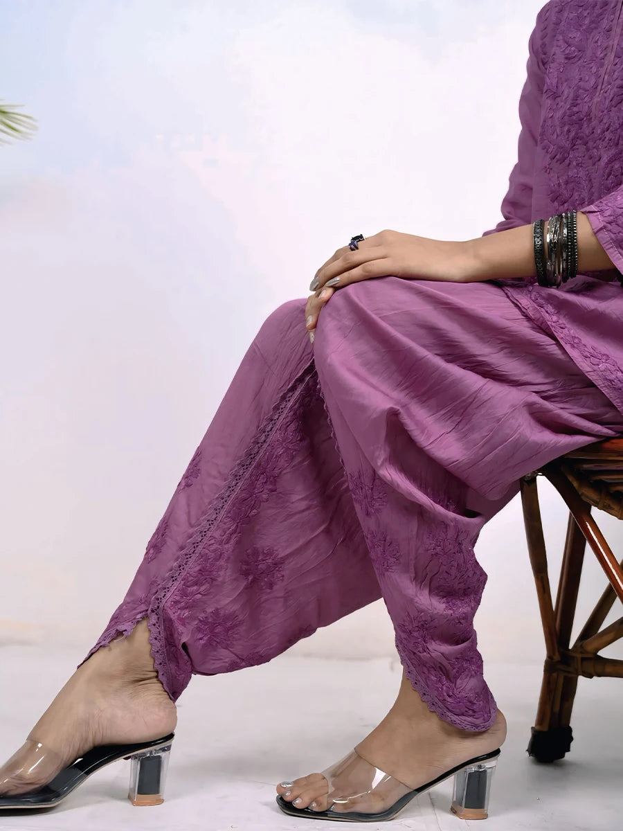 Luxury Chanderi chikankari dhoti set with intricate hand embroidery and soft dupatta, Dniza Chikankari