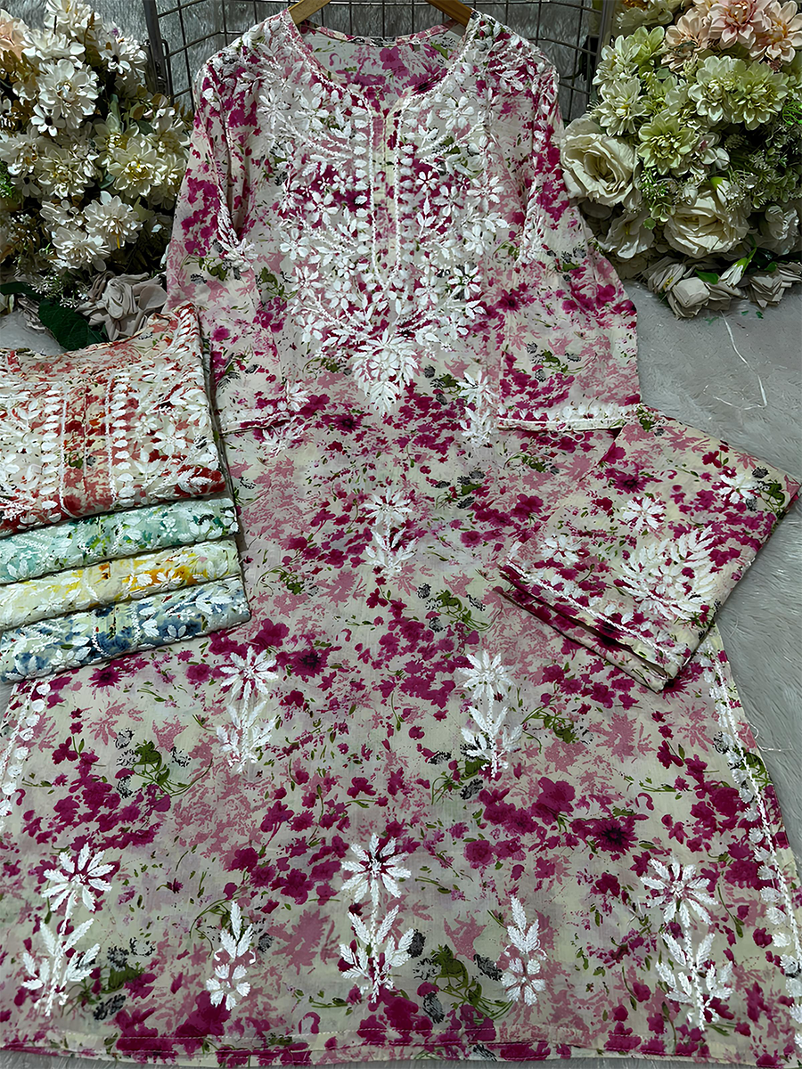 Magenta floral mul mul kurti and palazzo set with soft cotton texture and embroidery