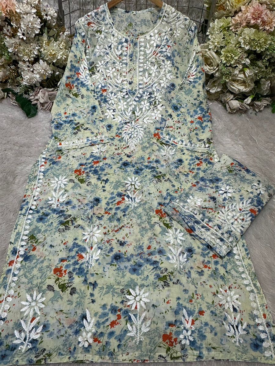 Mint green floral printed mul mul kurti and palazzo set with white embroidery