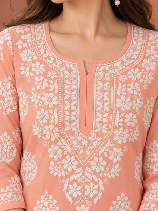 Modal 3D Chikankari Kurti with White Floral Embroidery
