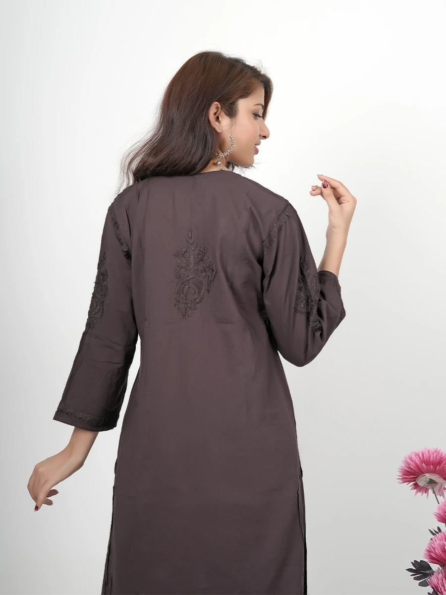 Mulmul chikankari kurti and bottom set styled with floral motifs and 3/4th sleeves