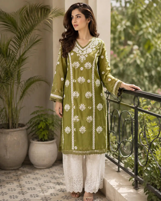 Olive green Chanderi Chikankari kurti for women