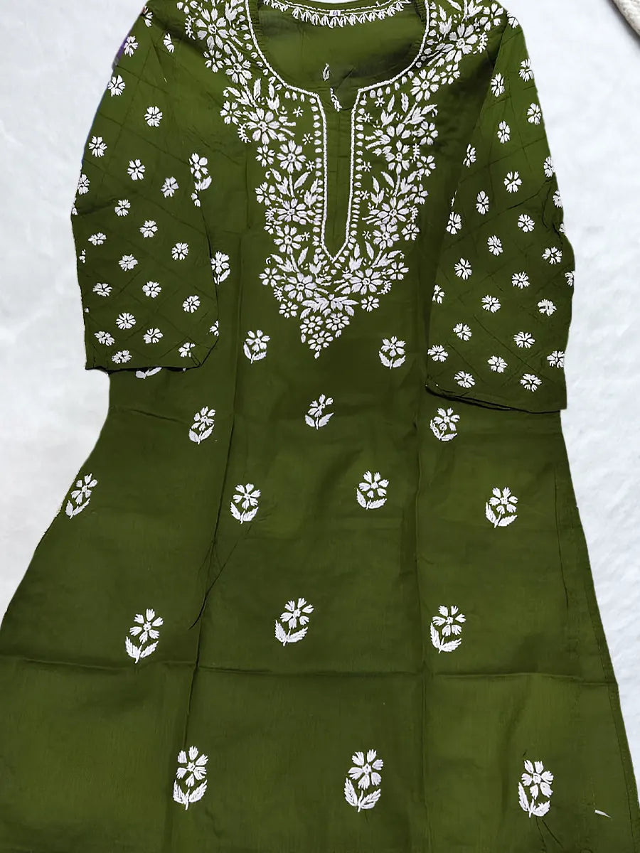 Olive green cotton kurti featuring fine white chikankari floral work on front and sleeves