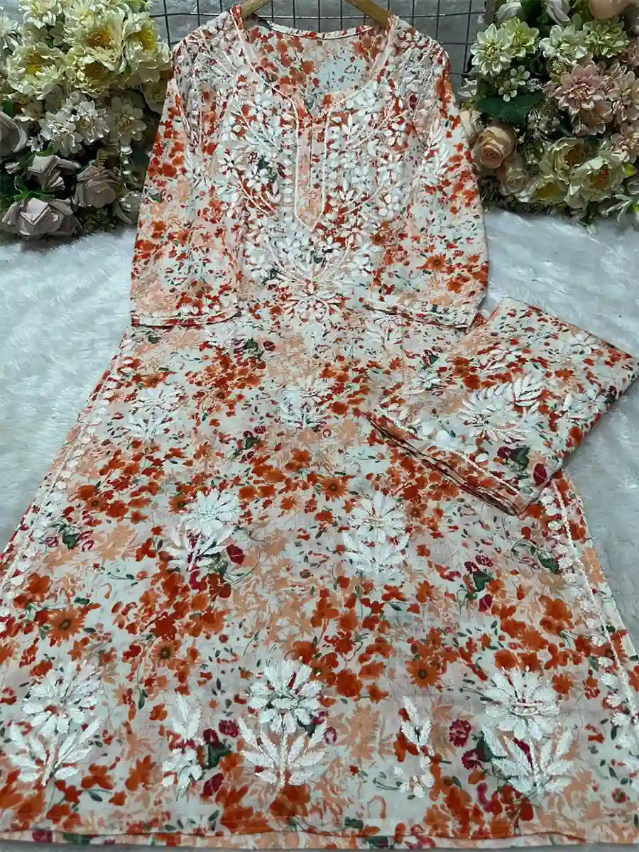 Orange Floral Printed Mulmul Cotton Chikankari Palazzo Set – Comfortable Festive Wear