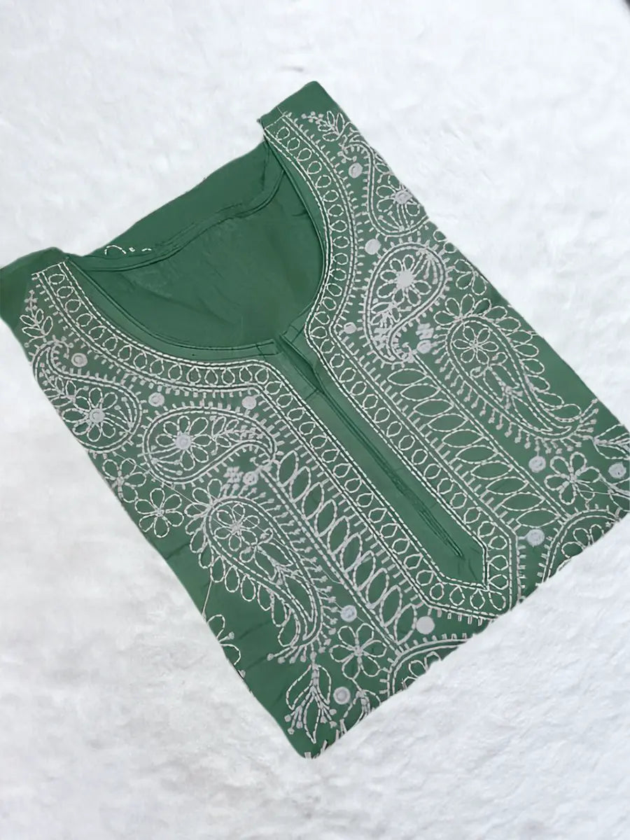 Parrot green short kurti in Rubiya Cotton with intricate white machine embroidery on neck and booti pattern(DC)