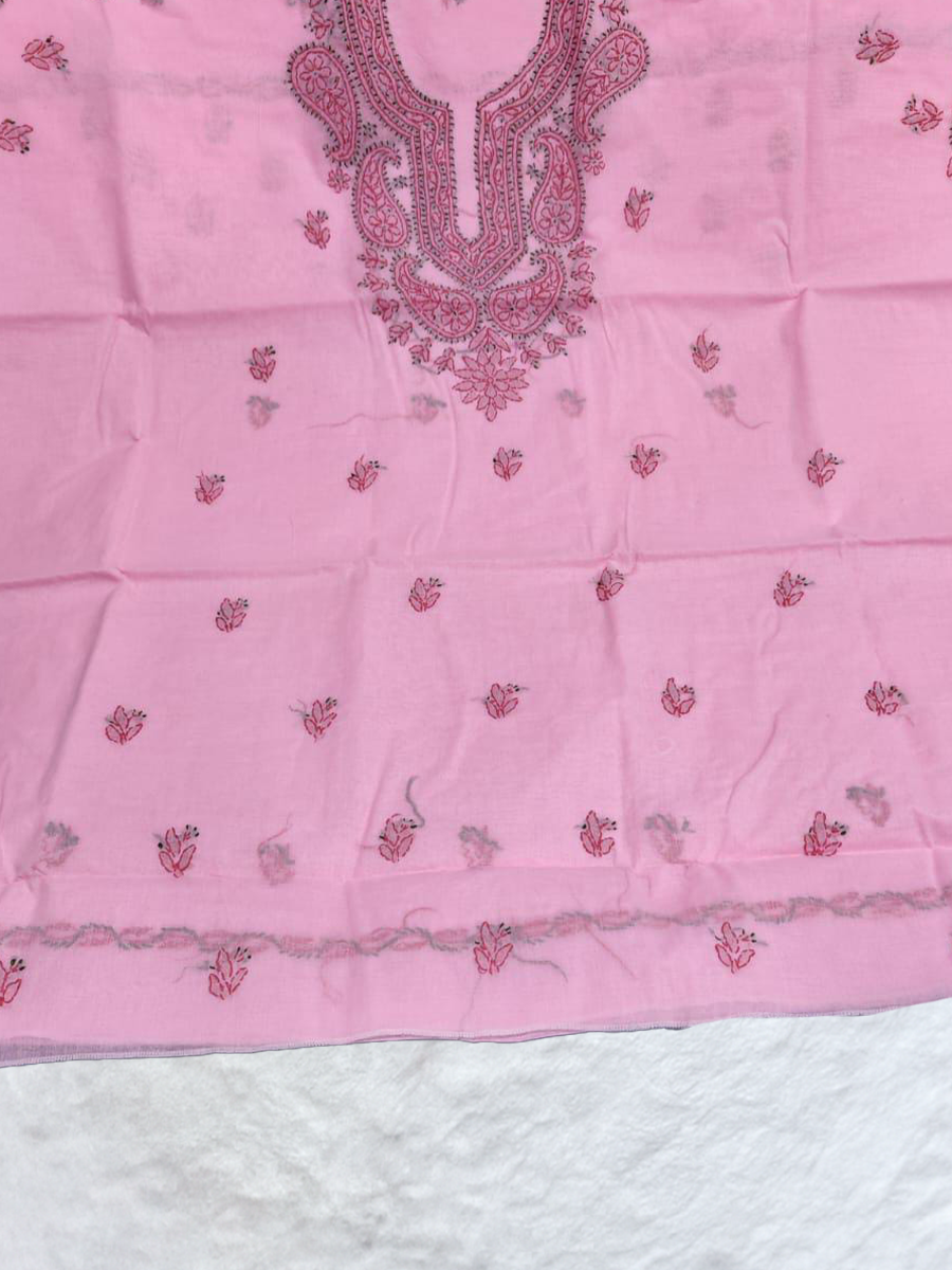 Petal pink dress material in cotton with hand-embroidered white threadwork.